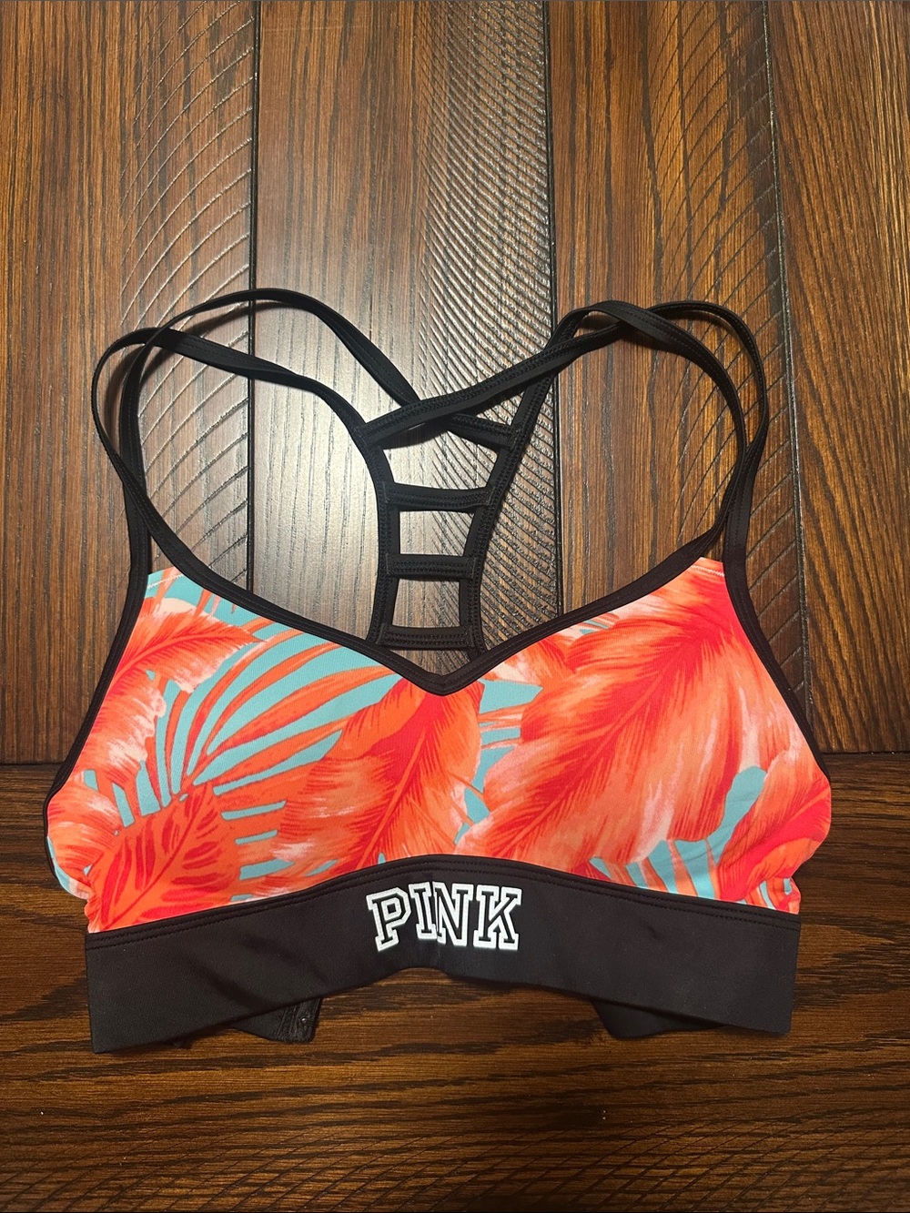 PINK Victoria's Secret Coral & Teal Tropical Strappy Sports Bra